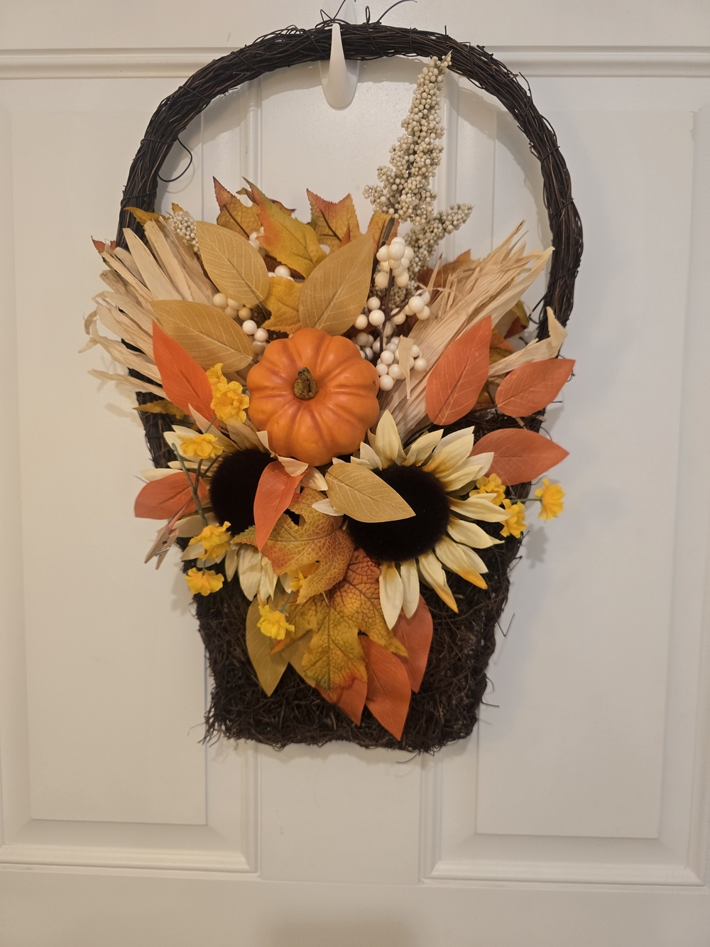 W014 - Autumn Harvest Hanging Basket Wreath - Orange and Yellow Wresth Door